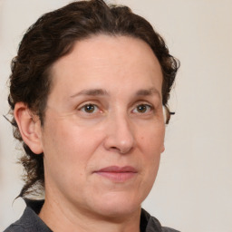 Joyful white adult female with medium  brown hair and grey eyes