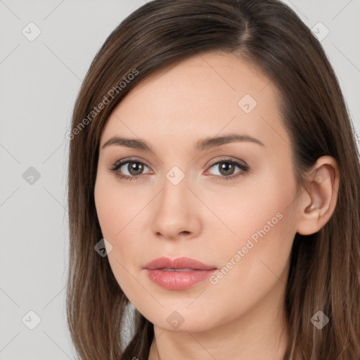 Neutral white young-adult female with long  brown hair and brown eyes