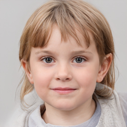 Joyful white child female with medium  brown hair and grey eyes