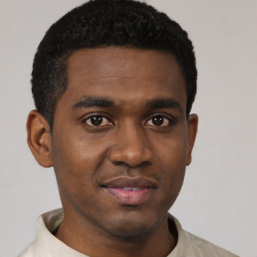 Neutral black young-adult male with short  black hair and brown eyes
