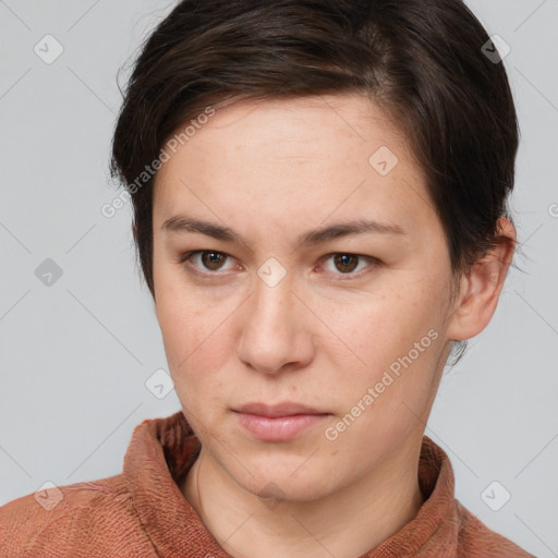 Neutral white young-adult female with short  brown hair and brown eyes