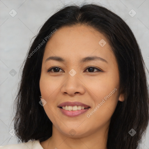 Joyful asian young-adult female with long  brown hair and brown eyes