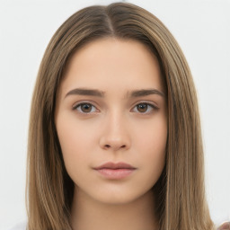 Neutral white young-adult female with long  brown hair and brown eyes