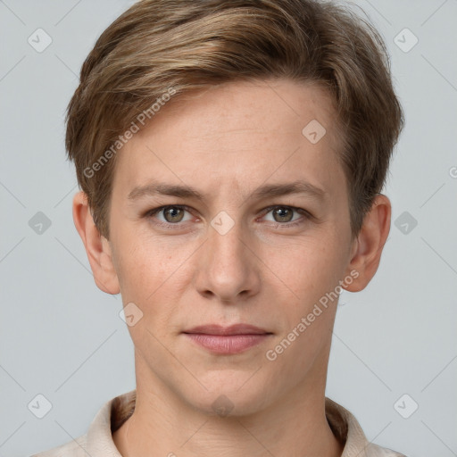 Joyful white young-adult female with short  brown hair and grey eyes