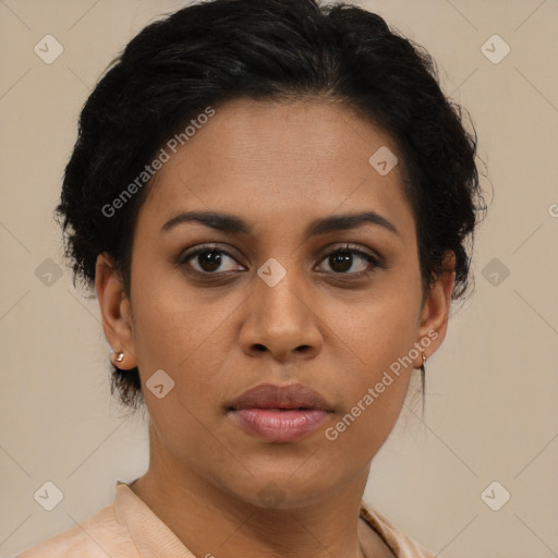 Joyful latino young-adult female with short  brown hair and brown eyes