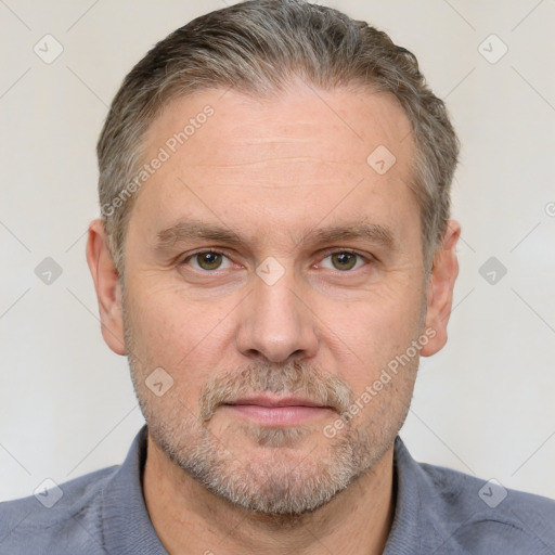 Neutral white adult male with short  brown hair and grey eyes