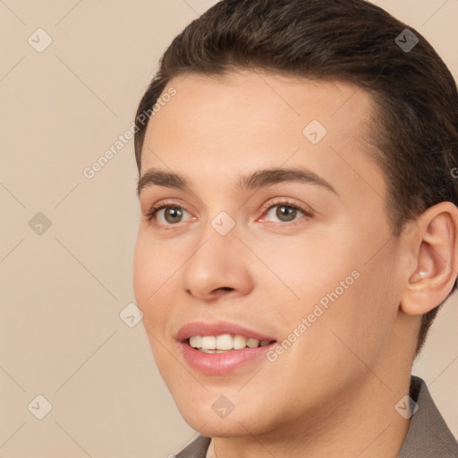 Joyful white young-adult female with short  brown hair and brown eyes