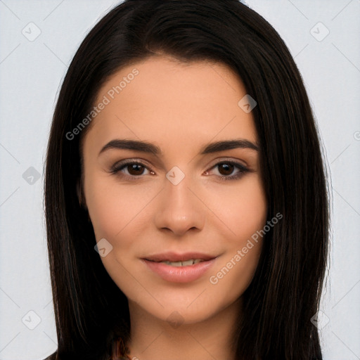 Joyful white young-adult female with long  black hair and brown eyes