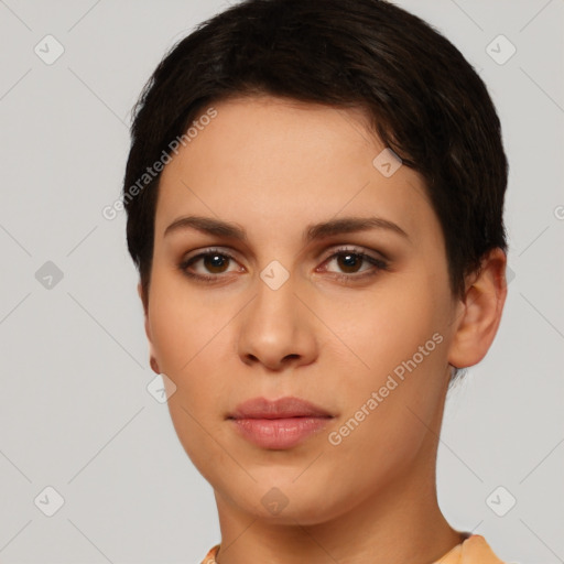 Neutral white young-adult female with short  brown hair and brown eyes