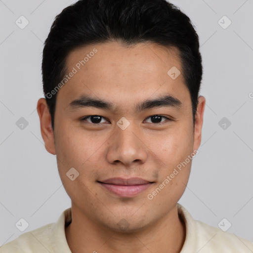 Joyful latino young-adult male with short  brown hair and brown eyes