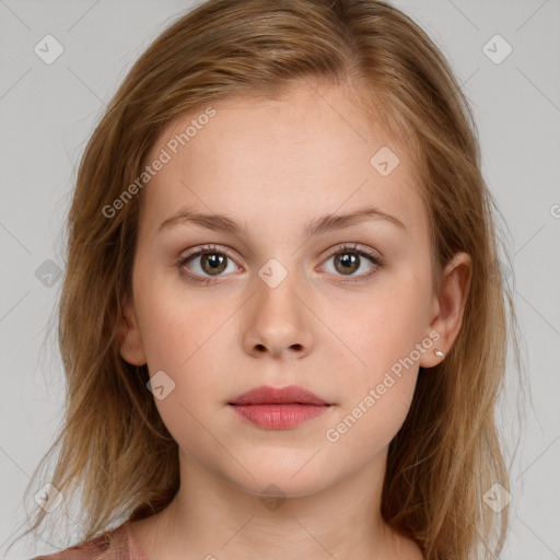 Neutral white young-adult female with long  brown hair and brown eyes