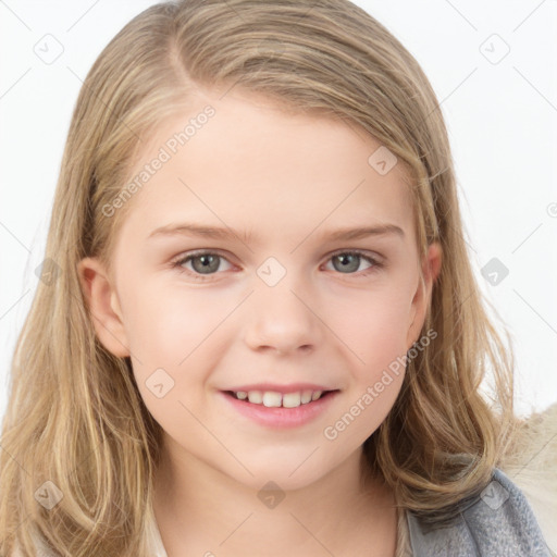 Joyful white child female with medium  brown hair and grey eyes