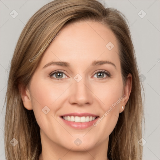 Joyful white young-adult female with long  brown hair and grey eyes