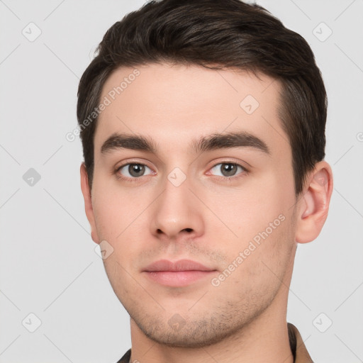 Neutral white young-adult male with short  brown hair and brown eyes