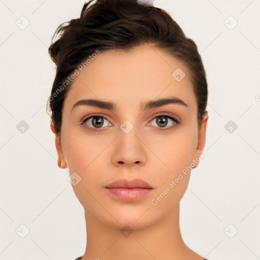 Neutral white young-adult female with short  black hair and brown eyes