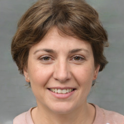 Joyful white adult female with medium  brown hair and grey eyes