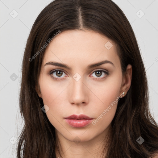 Neutral white young-adult female with long  brown hair and brown eyes