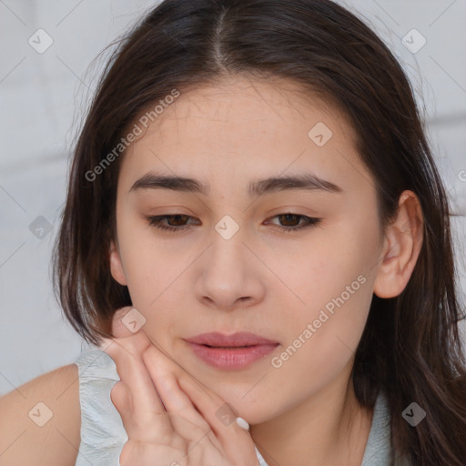 Neutral white young-adult female with medium  brown hair and brown eyes