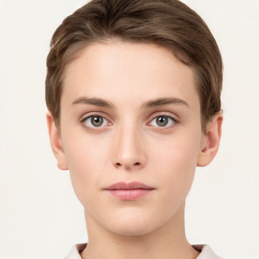 Neutral white young-adult female with short  brown hair and brown eyes