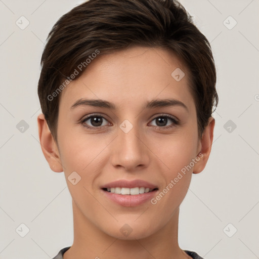 Joyful white young-adult female with short  brown hair and brown eyes