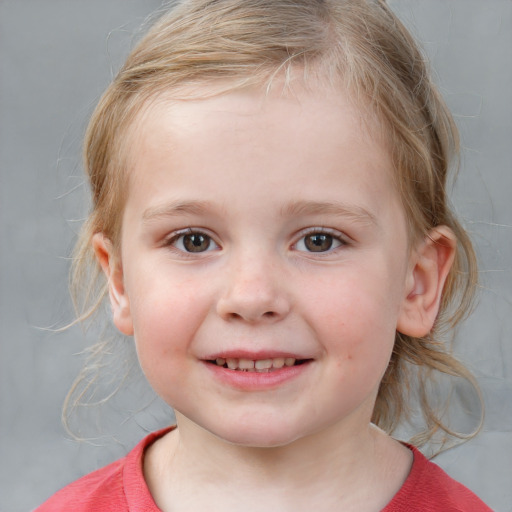 Joyful white child female with medium  brown hair and grey eyes