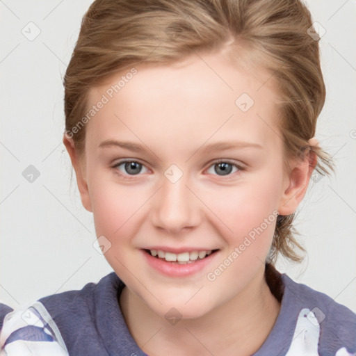 Joyful white child female with medium  brown hair and grey eyes