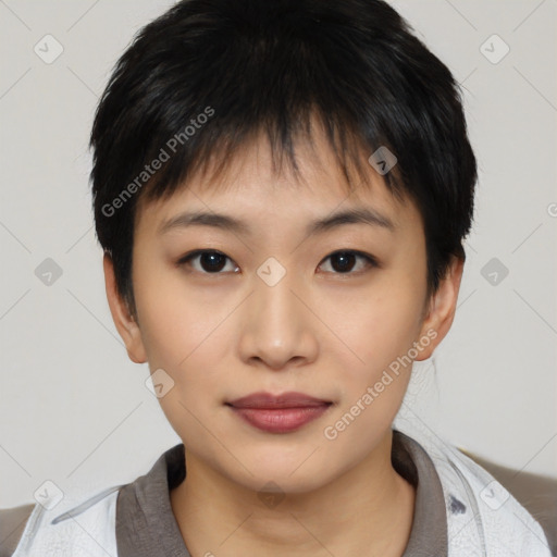 Neutral asian young-adult female with short  brown hair and brown eyes