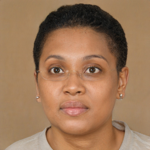 Neutral black young-adult female with short  brown hair and brown eyes
