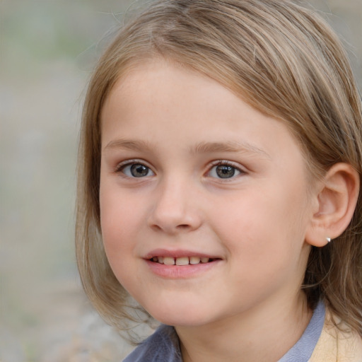 Joyful white child female with medium  brown hair and blue eyes