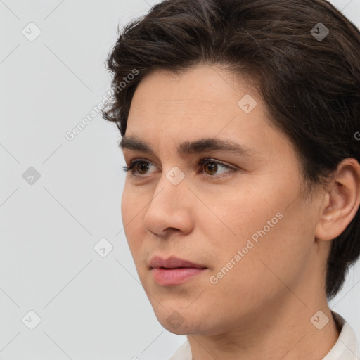 Neutral white young-adult female with short  brown hair and brown eyes