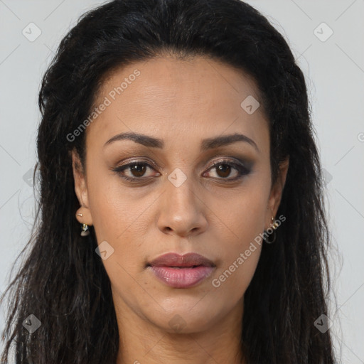 Joyful latino young-adult female with long  brown hair and brown eyes