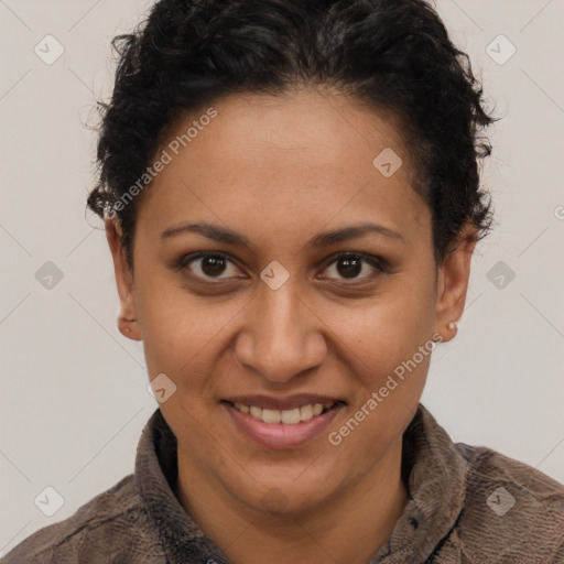 Joyful latino young-adult female with short  brown hair and brown eyes