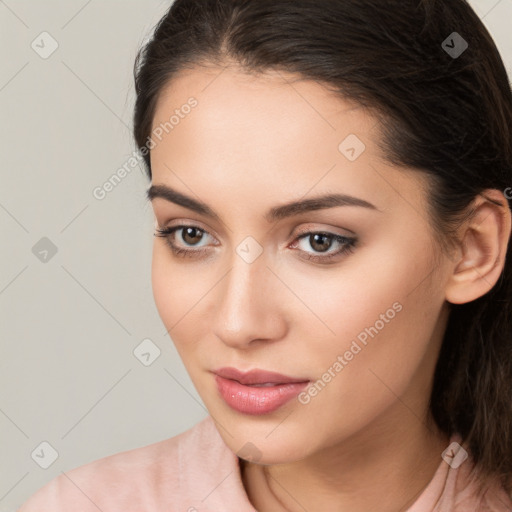 Neutral white young-adult female with medium  brown hair and brown eyes