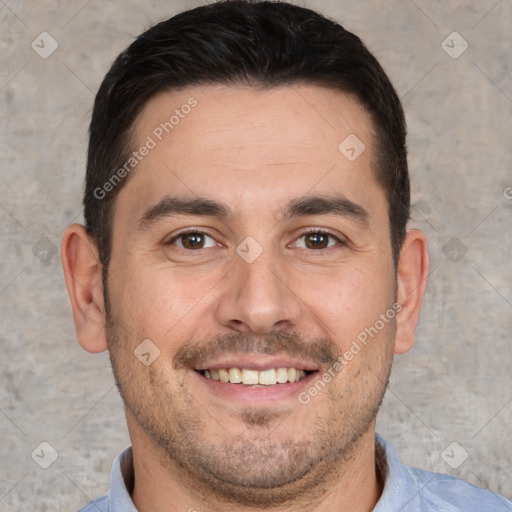 Joyful white young-adult male with short  brown hair and brown eyes