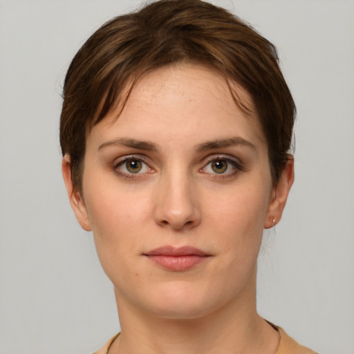 Neutral white young-adult female with short  brown hair and grey eyes