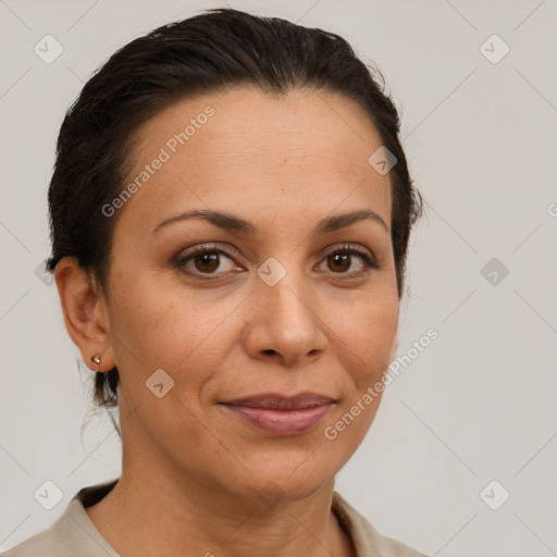 Joyful white adult female with medium  brown hair and brown eyes