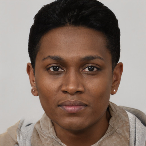 Neutral black young-adult female with short  black hair and brown eyes
