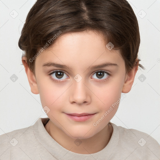 Joyful white child female with short  brown hair and brown eyes