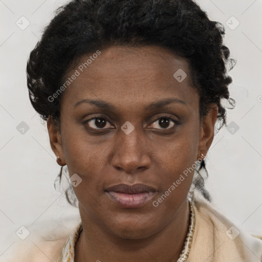 Neutral black young-adult female with short  brown hair and brown eyes