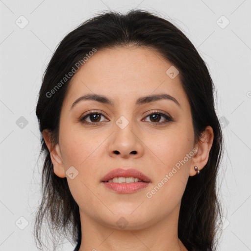 Joyful asian young-adult female with long  brown hair and brown eyes