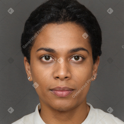 Neutral black young-adult female with short  black hair and brown eyes