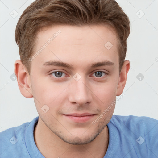 Neutral white young-adult male with short  brown hair and grey eyes