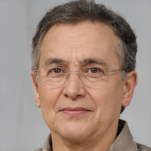 Joyful white middle-aged male with short  brown hair and brown eyes