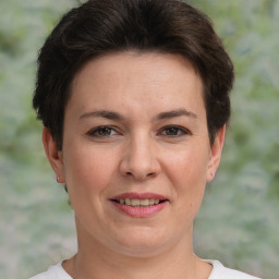 Joyful white adult female with short  brown hair and brown eyes