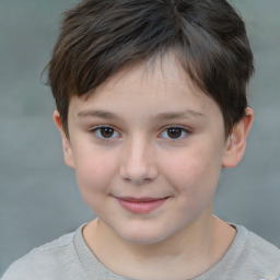 Joyful white child female with short  brown hair and brown eyes