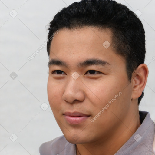 Neutral asian young-adult male with short  black hair and brown eyes