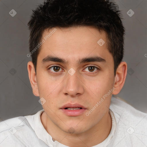 Neutral white young-adult male with short  brown hair and brown eyes