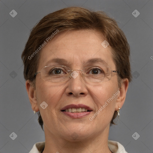 Joyful white adult female with short  brown hair and grey eyes