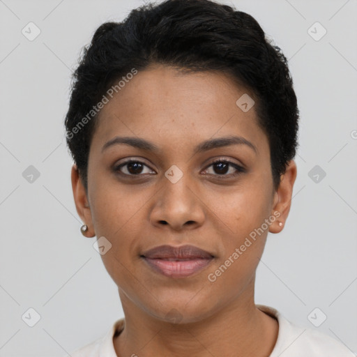 Joyful latino young-adult female with short  black hair and brown eyes