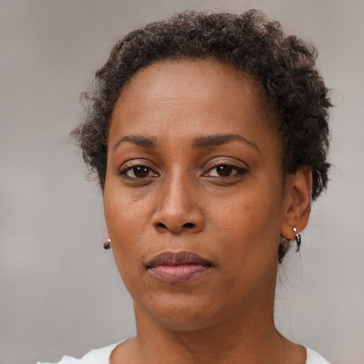 Neutral black adult female with short  brown hair and brown eyes